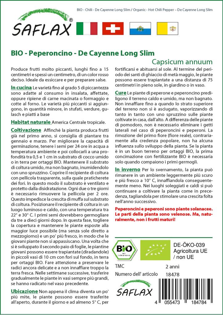 SAFLAX Garden in the Bag - Органический - Острый перец чили - De Cayenne Long Slim - 10 семян - С субстратом в подходящем пакете - Capsicum annuum