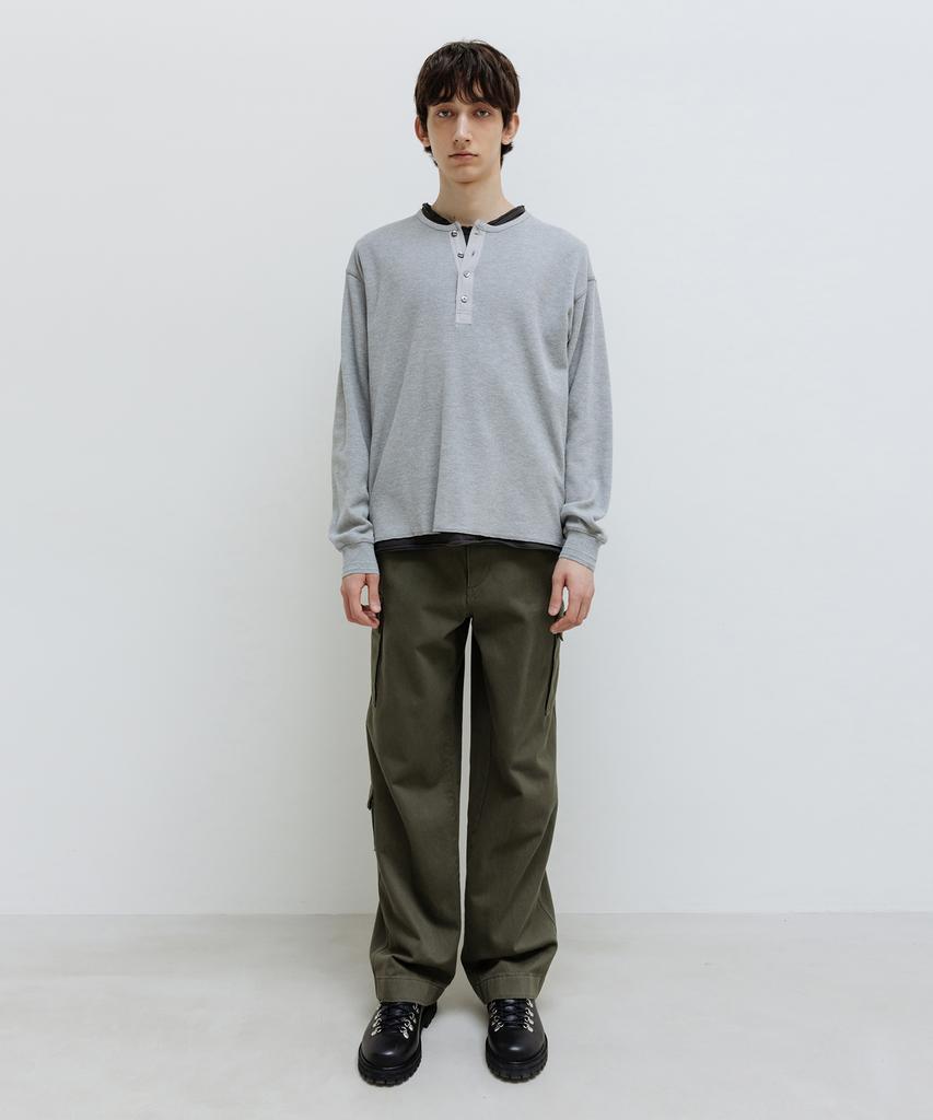 INSILENCE Waffle Henley Neck Long Sleeve Melange Grey