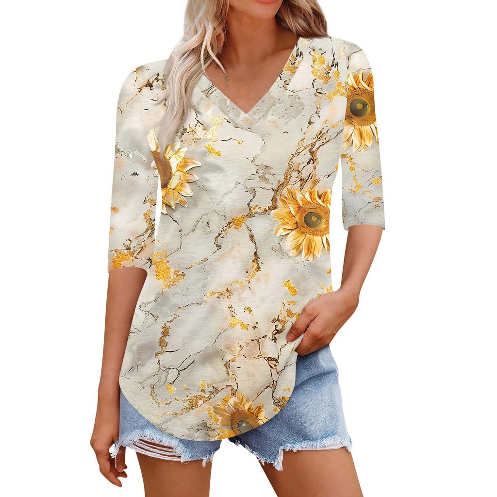 Shirts For Women Trendy V Neck T Shirts Casual Printed Blouse Half Sleeve Tops For Women