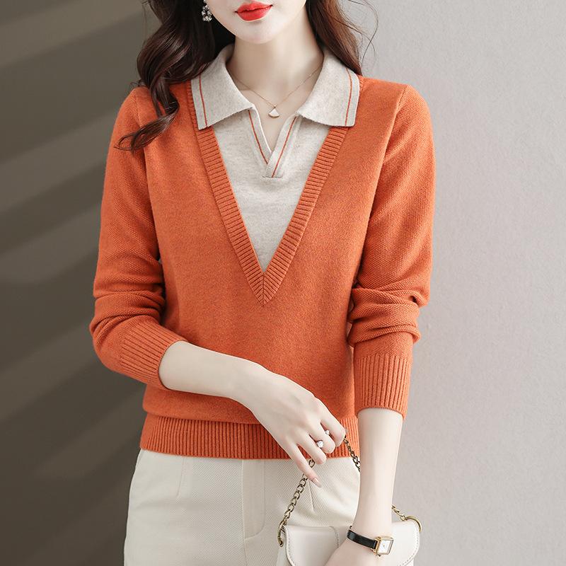 Fake Two Piece Knitted Sweater Women Fashion Lapel All Match V Neck Autumn Winter Pullover Top Casual Basic Sweaters