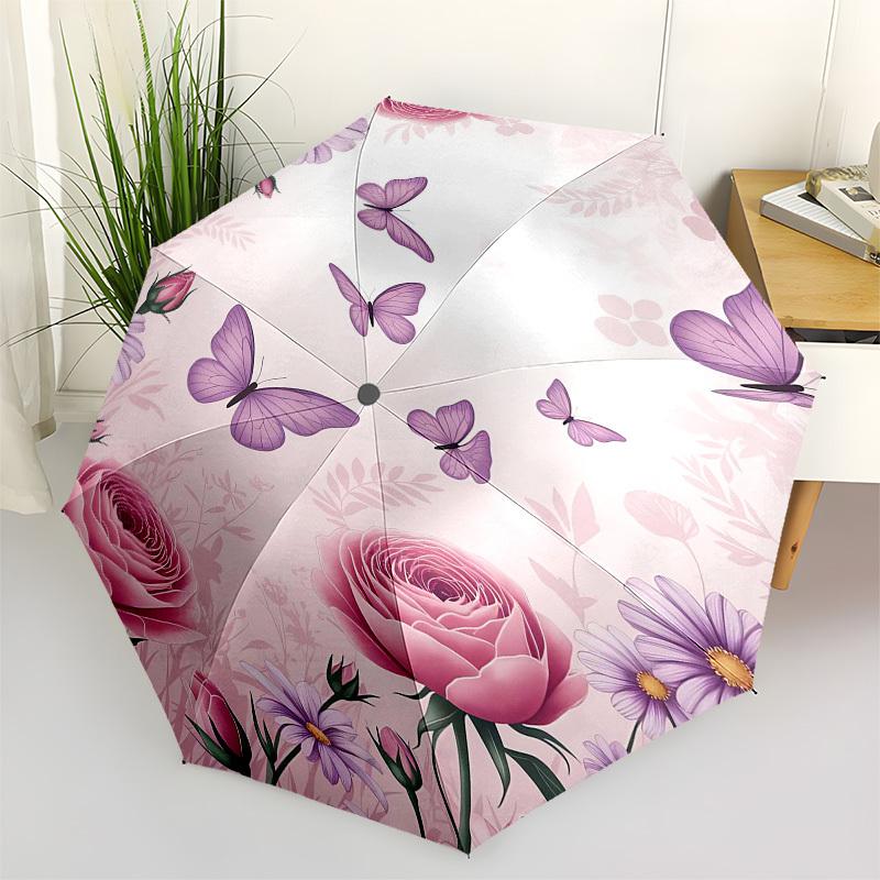 1PC Butterfly Flowers Umbrella-8-Rib Reinforced Portable Folding Travel Suitable for All Seasons Outdoor Daily -Z0472