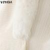 VONDA Women Long Sleeve Fluffy Tassel Splicing Open Front Casual Knitted Sweaters Cardigans
