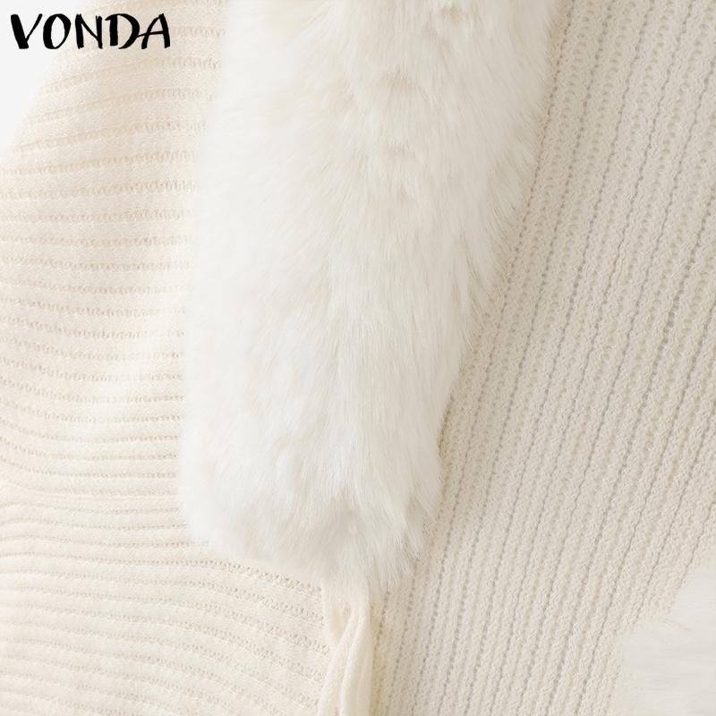 VONDA Women Long Sleeve Fluffy Tassel Splicing Open Front Casual Knitted Sweaters Cardigans