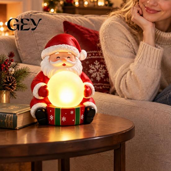 Santa Claus Figurine with Light Up Figurine, Christmas Statue Holding Glowing Crystal Ball, Warm Ball Ornament Night Light, Tabletop for Home