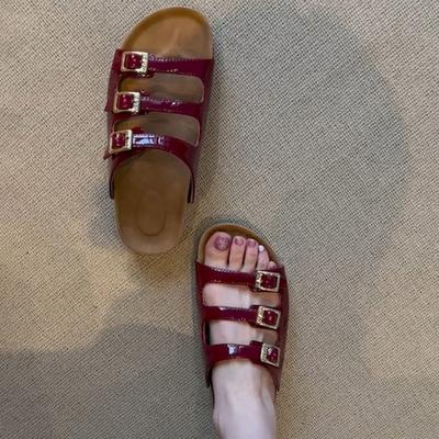 Овчина~ Мягкая подошва тапочки женские летние ретро пряжка на ремне кожа толстая подошва женские универсальные для улицы прохладные тапочки