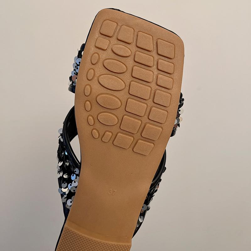 Fashion Aphixta Bling Sequined Decoration Flat With Slippers Cross Straps Casual Women Outside Slides Square Toe Summer Sandals Shoe