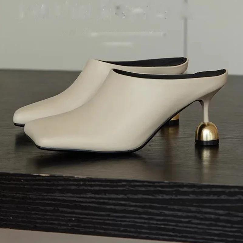 Fashion Square Toe Elegant Women Slippers Fad Mid Heels Leather Sandals Mule Shoes 2025 New Trend Spring Designer Dress Femme Chaussures