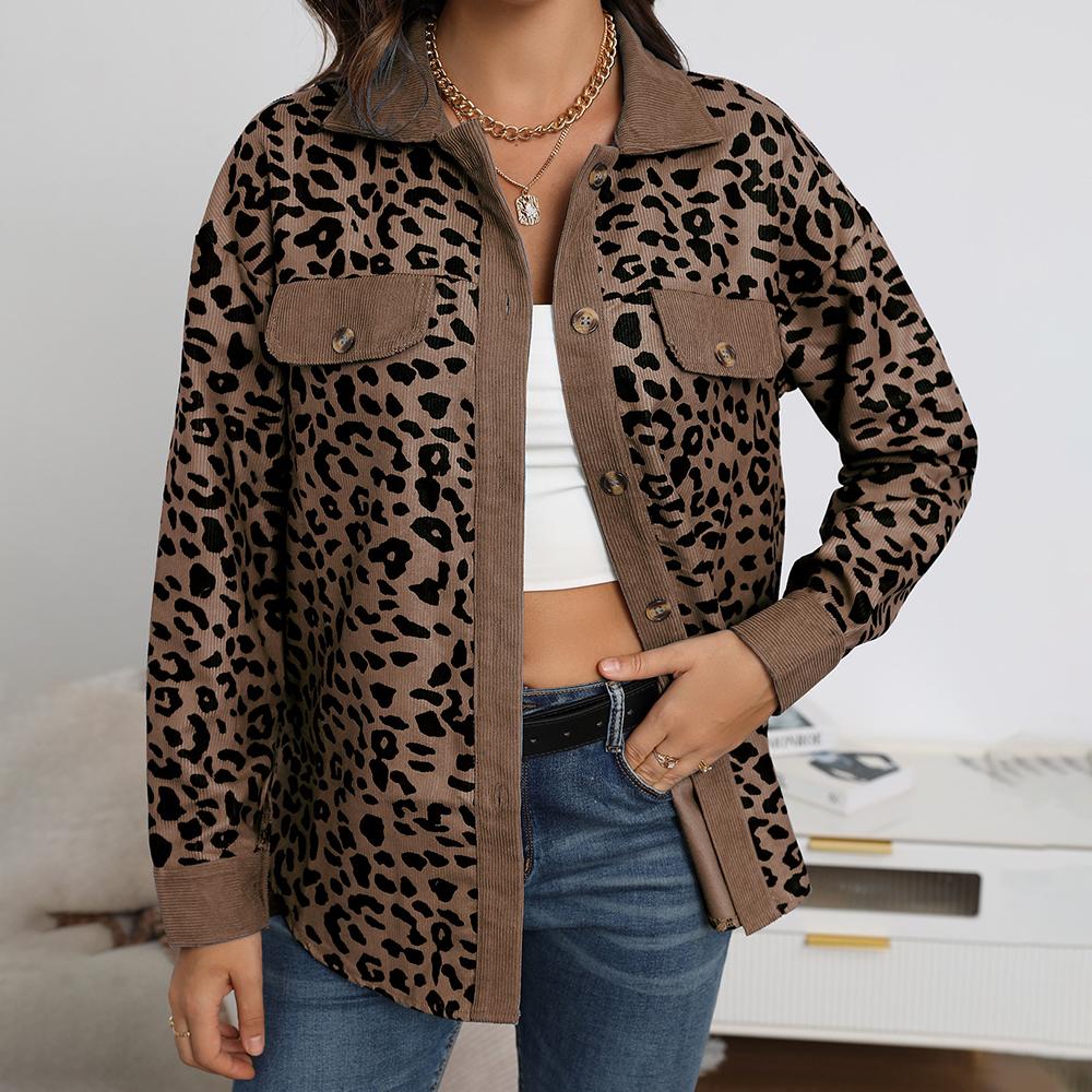 Spring and Autumn Leopard Jacket Women Corduroy Jacket Coat Women Overshirt Long Sleeve Loose Shirt Jackets for Women