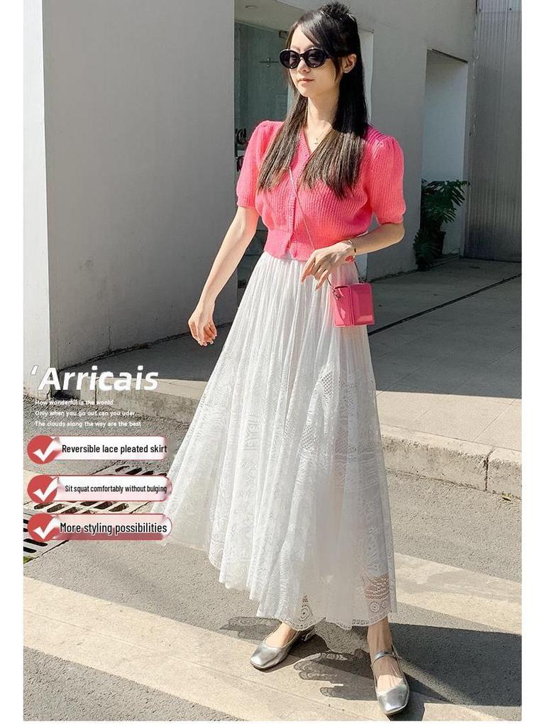 Double-Sided Long Lace A-Line Pleated Skirt for Women - 2025 Collection