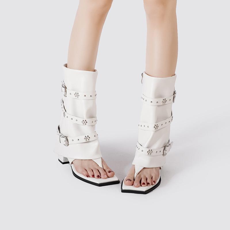 Factory Custom Punk Style Rivet Toe Herringbone Cool Boots Women's Shoes Summer New Retro Buckle Spice Girl Trouser Boots