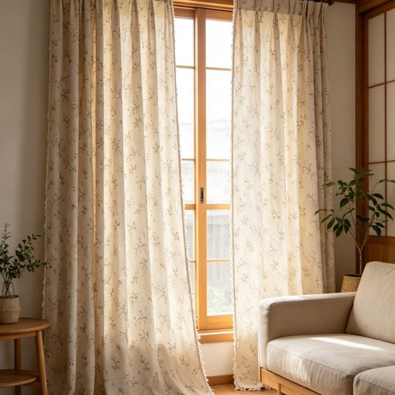 French Country Floral Curtains With Tassel Trim Cotton Linen Blend Semi-Sheer Window Treatment Kitchen Balcony Bedroom