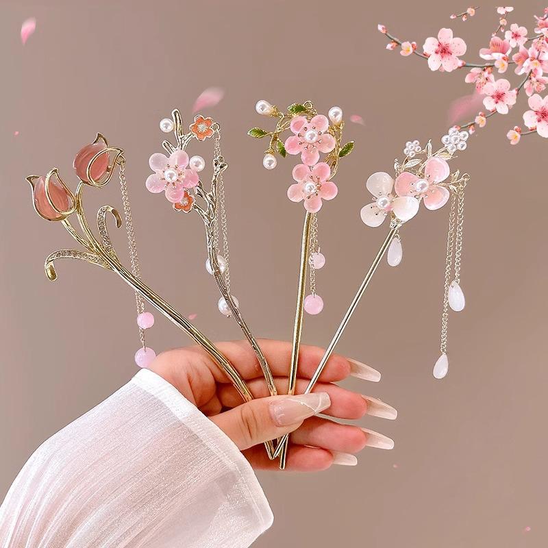 Romantic Chinese Style Hair Accessories For Women Girls Sweet Versatile Flower Tassel Hairpin Simple High-End Hair Stick Gifts
