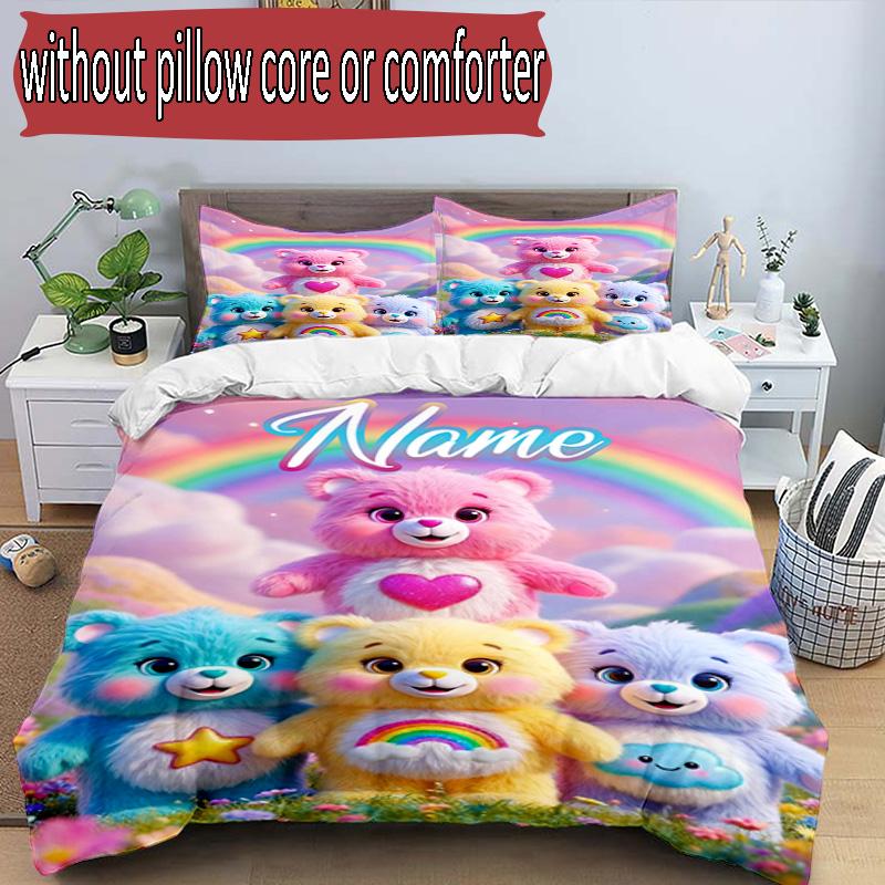3pcs Duvet Cover Set (1*Duvet Cover + 2*Pillowcase, Without Core), Custom Name Care Bears Pattern Bedding Set, Home Bedroom Decor Gift