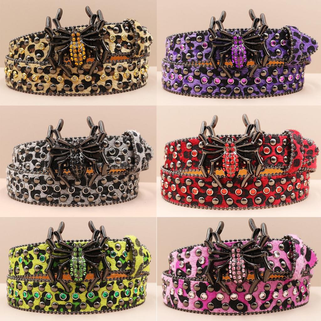 Spider Buckle Punk New Leopard Print Rhinestone Belt Belt Full Diamond European and American Belt Women's Decorative Rhinestone