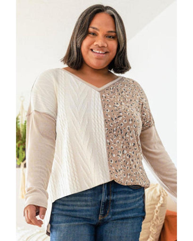 Azura Exchange Leopard Patchwork Mix Knit Long Sleeve Top