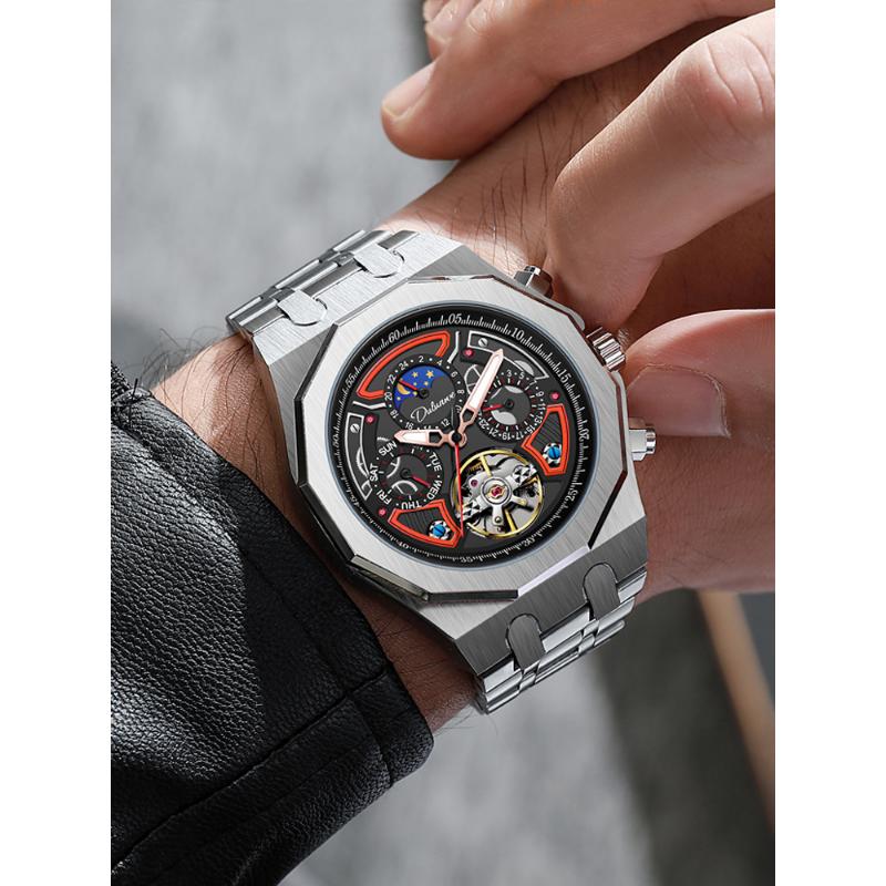 Dulunwe Мужские автоматические механические часы с турбийоном и скелетонизированным механизмом, многофункциональные часы с фазой Луны, индикацией даты и недели, светящиеся спортивные наручные часы