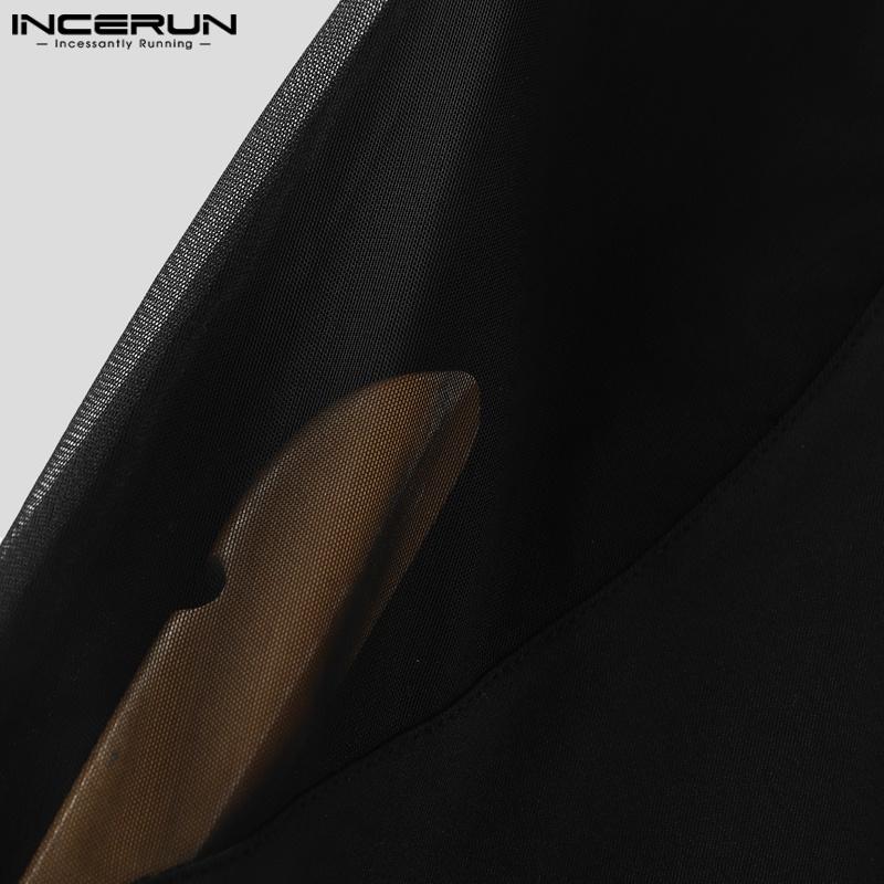 INCERUN Men Short Sleeve Mesh Sheer Patchwork Fitted Jumpsuits Romper Bodysuits Pajamas