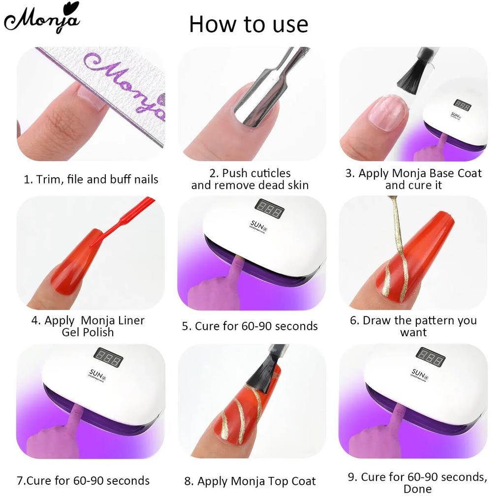 monja Гель для ногтей, 8 мл, кисть для подводки бутылок, УФ-лак, линия для рисования, отмачиваемый лак, DIY маникюр, рисунок, дизайн, аксессуары, черный, белый цвет, лак