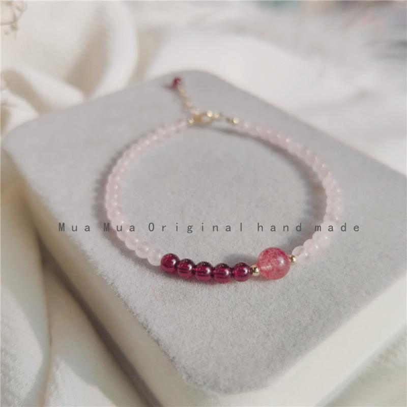 Natural Strawberry Quartz Pink Crystal14K Gold-plated versatile fresh ultra-fine bracelet for women, delicate and sparkling