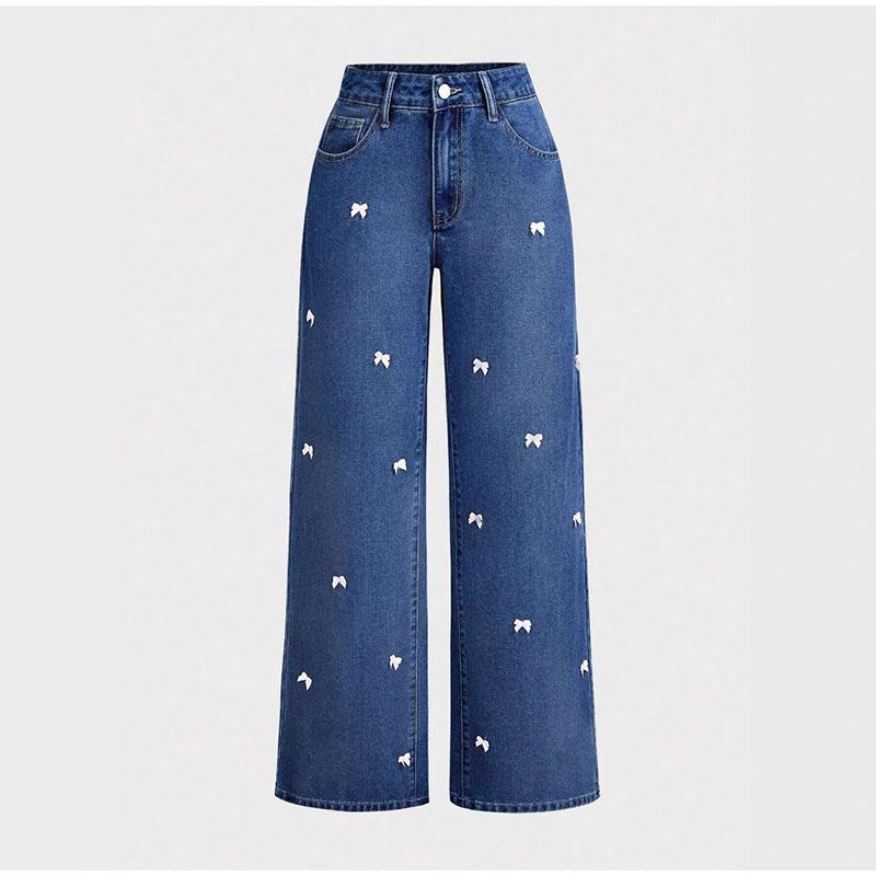 Light Blue Straight Leg Bow Jeans Women's High Waist Spring New Loose Drapey Wide Leg Denim Pants Casual Cotton Stretch