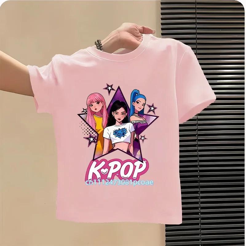 Summer Kpop Popular Cartoon Print Childrens Design Casual Harajuku Style Round Neck Short Sleeved Top Fans Gifts Kids Clothes