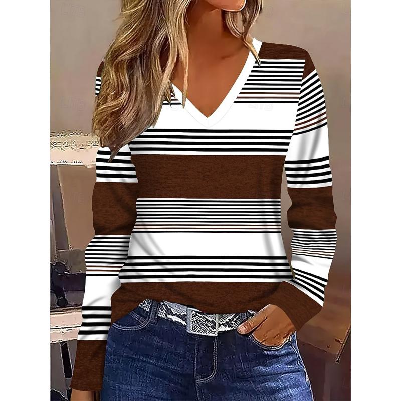 Striped Checkered Printed Pattern Women's Long Sleeved T-shirt, Winter Warm T-shirt Top, Fashionable Casual T-shirt, Must-have Top for Parties