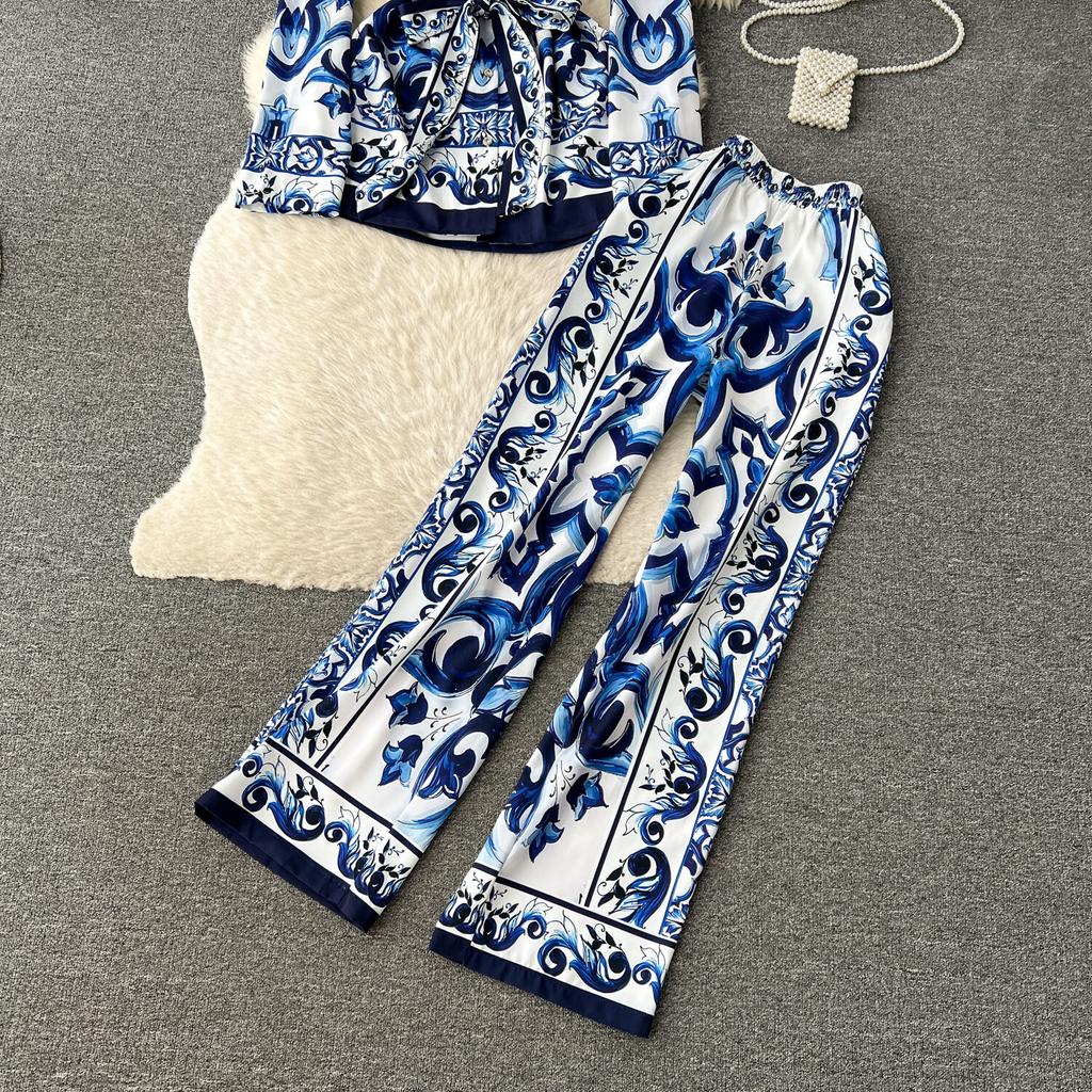 Fashion Designer Vintage Printed Two Piece Set for Women's Long Sleeve Blazer Collar Shirt+high Waisted Straight Pants Office Lady Outfits