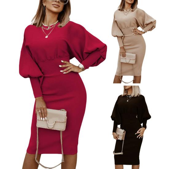 Женское платье-фонарик с длинными рукавами, однотонное, с зауженной талией, элегантное, из полиэстера, повседневное, для офиса, повседневной жизни, для вечеринок, сандалии на высоком каблуке