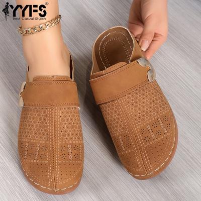 Новые пляжные сандалии для женщин 2024. Дышащие сандалии на плоской подошве из искусственной ПУ кожи с надежным ремешком для пальца и застежкой-крючком.