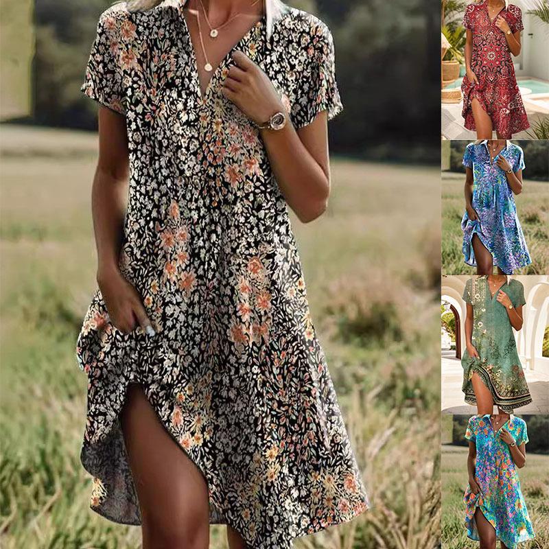 Летнее женское платье с V-образным вырезом и короткими рукавами с принтом для женщин