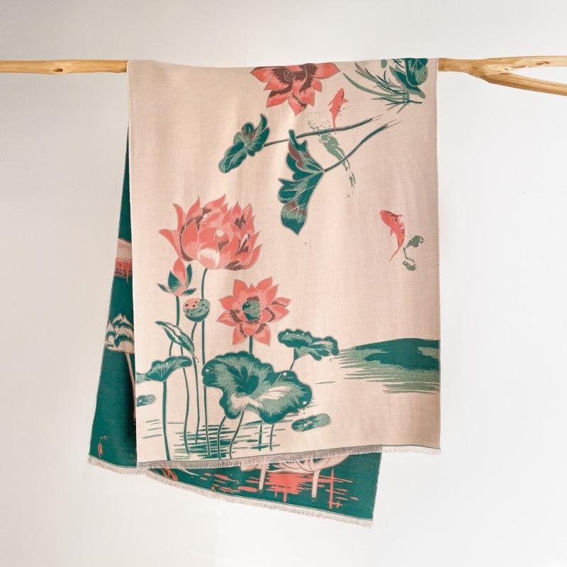 Women S Chinese Style Ink Lotus Printed Double Sided Thick Warm Winter Scarf