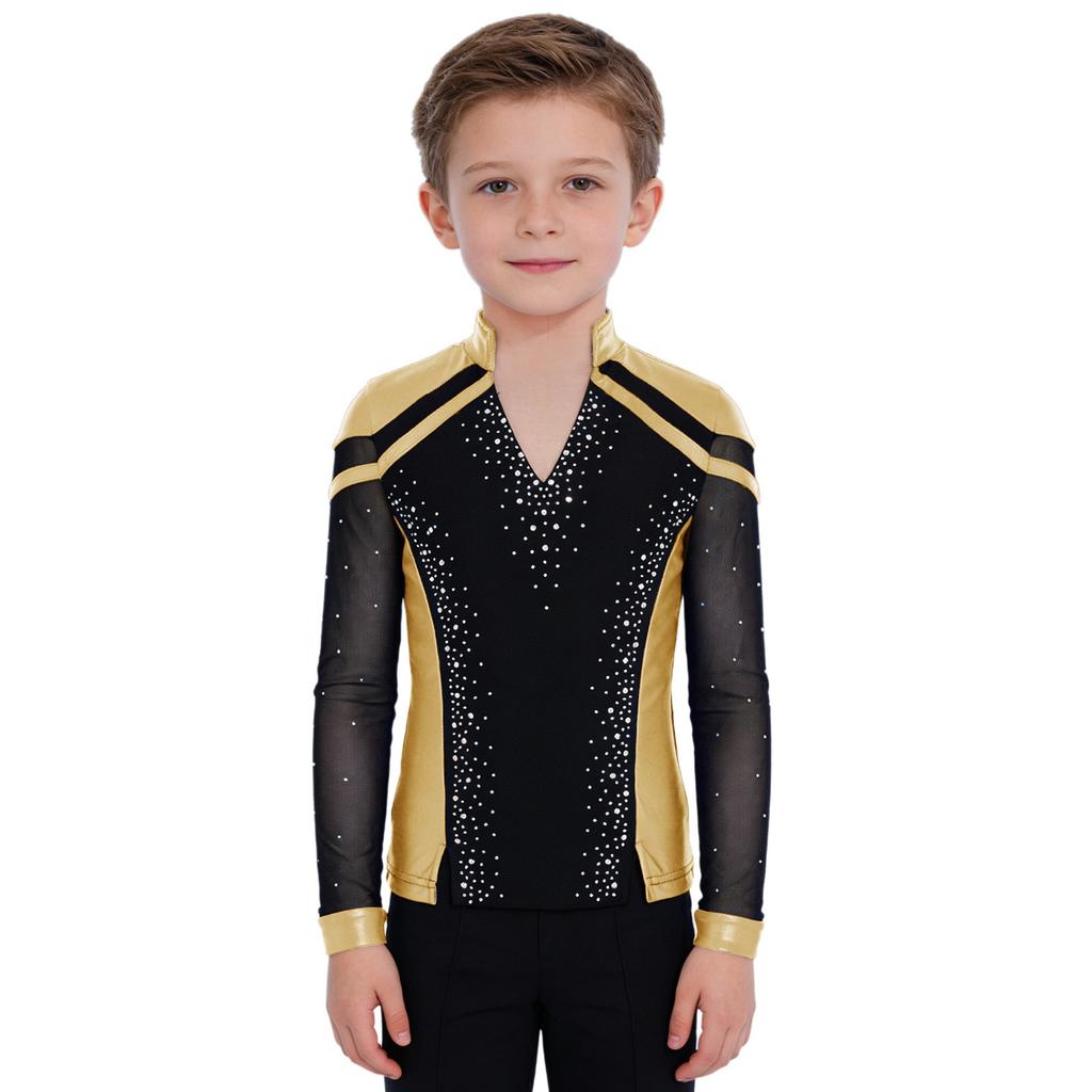 Boys Skating Performance Top: V-Neck Long Sleeve Rhinestone Color Block with Split Hem for Competition Costume