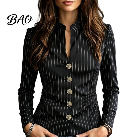 Women Slim Fit Blazer Stand Collar Striped Blazer, Single-Breasted Casual Jacket Blouse Top, Office Business Outerwear Slimming Waist Coat