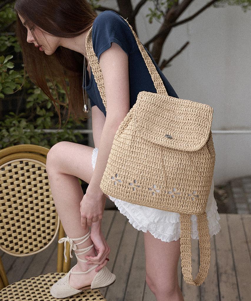 Slowslowly Lily Handmade Crochet Raffia Backpack (+Gift Heart Keyring Included) _ Natural Beige