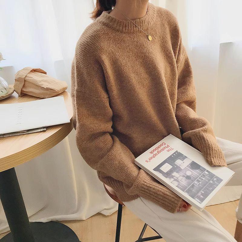 Autumn Winter Simplicity Loose Solid Color Knitwear Women Vintage Office Lady Sweater All-match Casual Knitting Tops