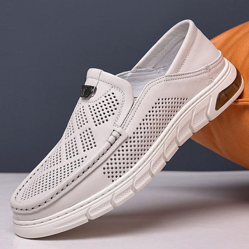 Italian Summer Hollow Shoes Men Casual Luxury Brand Genuine Leather Loafers Men Breathable Boat Shoes Slip On Moccasins