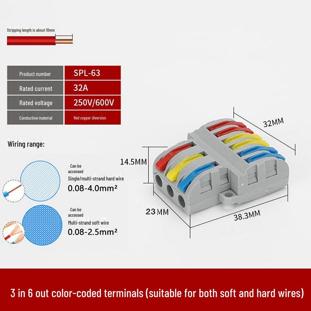 SPL-Splitter: 2-in-10-out, 2-in-12-out Quick Wiring Terminal, Press-Type, Orange/Multicolor.