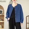 Women Casual Round Neck Loose Long Sleeve Cardigan Blouse