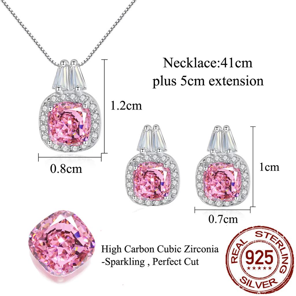 Charming Real 925 Sterling Silver Cubic Zirconia Jewelry Set Pink CZ Square Pendant Earrings Jewelry Set for Women Banquet