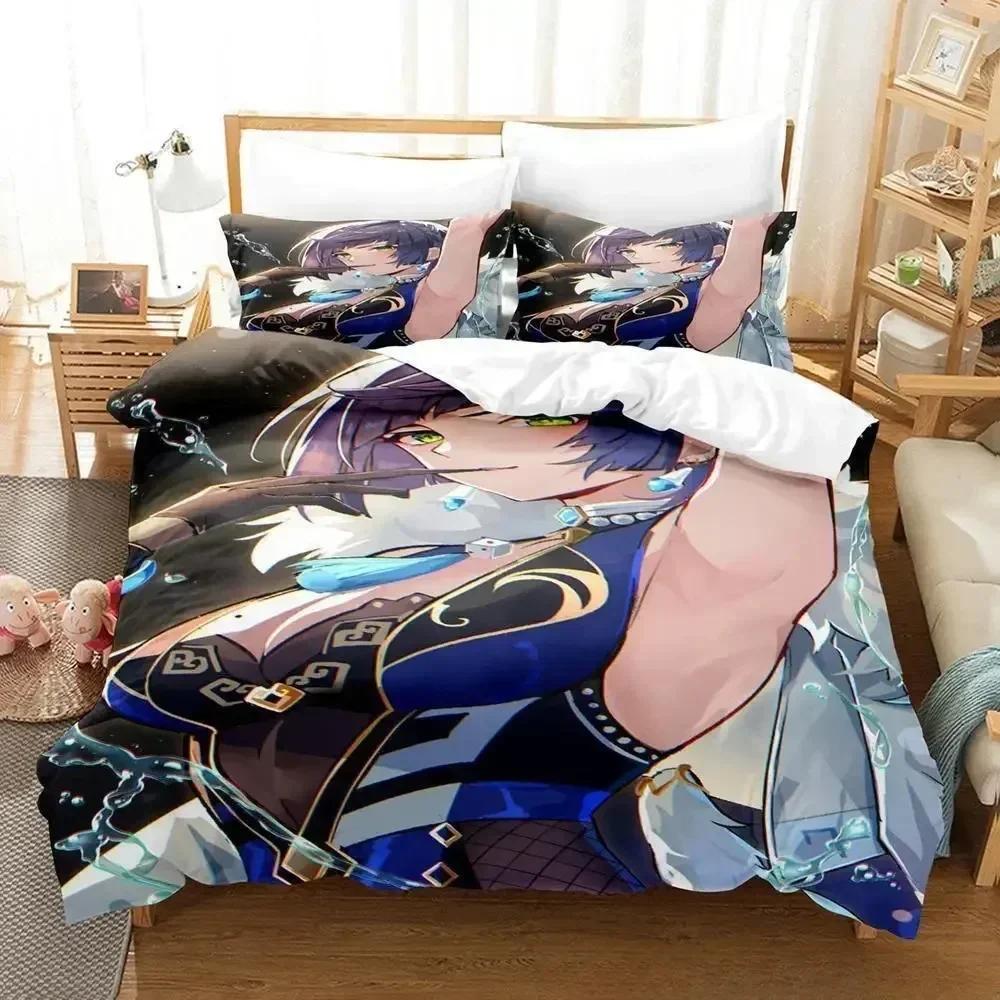 New Anime Game Yelan Genshin Impact Bedding Set Cartoon Anime Three-piece Set Adult Kid Bedroom Duvet Cover Sets 3D Kawaii Girls