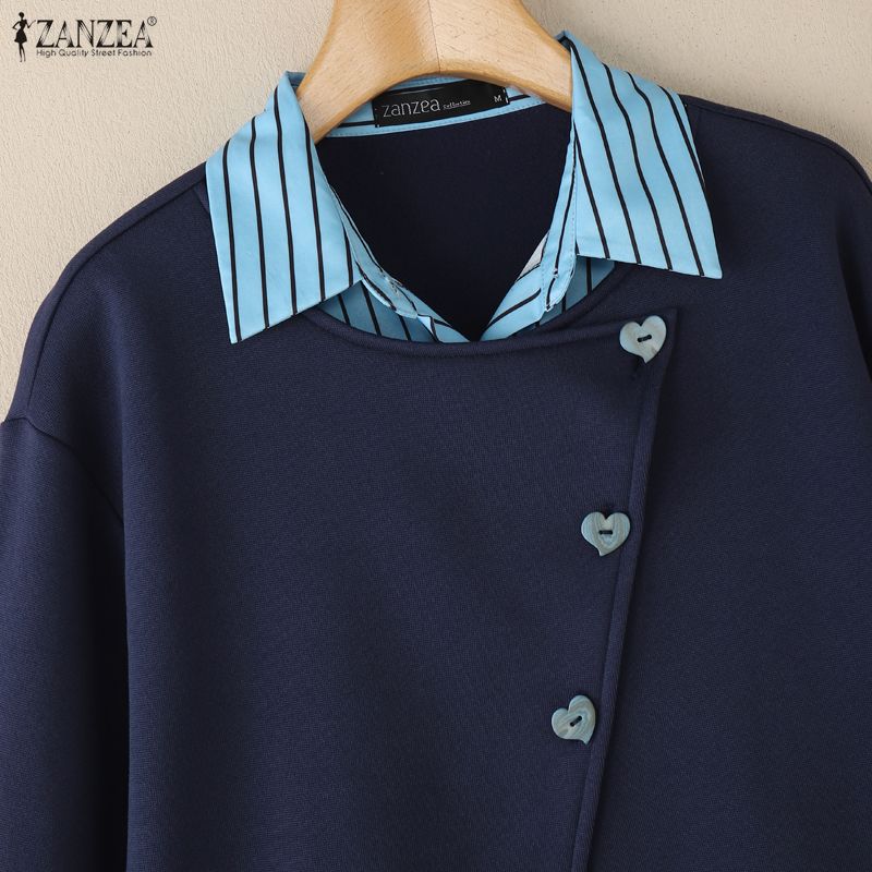 ZANZEA Женские лоскутные повседневные пуловеры с отложным воротником и длинными рукавами, осень