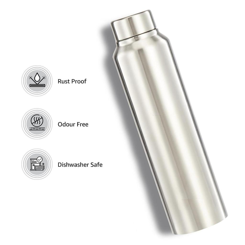 Stainless Steel Water Bottle (Pack of 2) | BIS-Approved | 900ml (Silver Steel Finish)