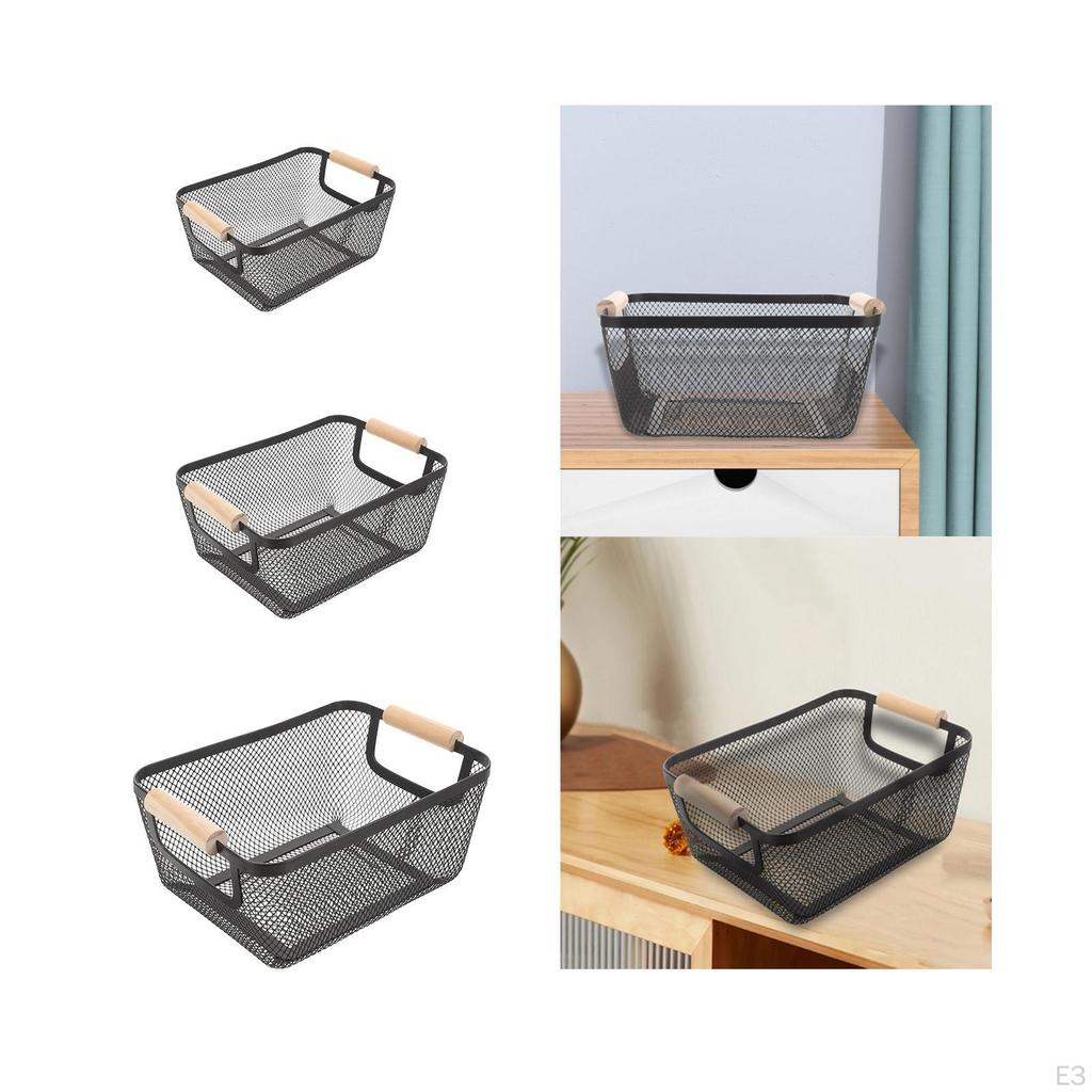 Металлическая сетчатая корзина для хранения с деревянной ручкой, контейнер, универсальный кухонный органайзер для овощей