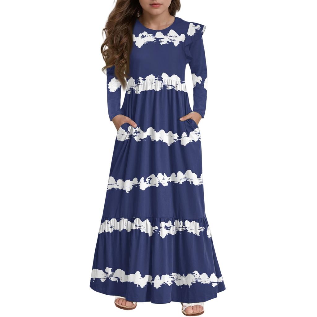 Girls' Tiered Ruffle Dress - Long Sleeve Printed Maxi With Pockets