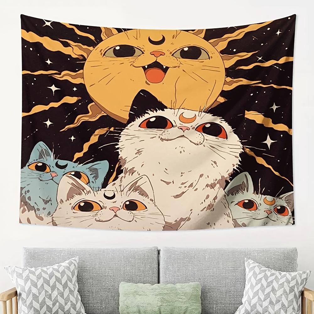 Cat Sun Tapestry Cute Kitty Moon Wall Hanging Aesthetic Cat Art Vintage Space Decor for Bedroom Living Room