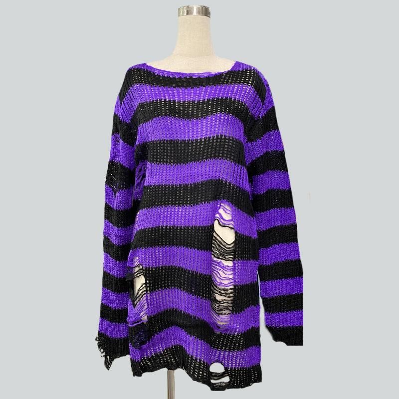 Women Gothic Punk Plus Size Long Sweaters Striped Character Cool Hollow Out Hole Broken Jumpers Pullover Knit Sweater