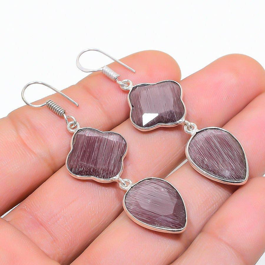 Purple Monalisa Gemstone Handmade 925 Sterling Silver Jewelry Earring 2.40" GK-7222