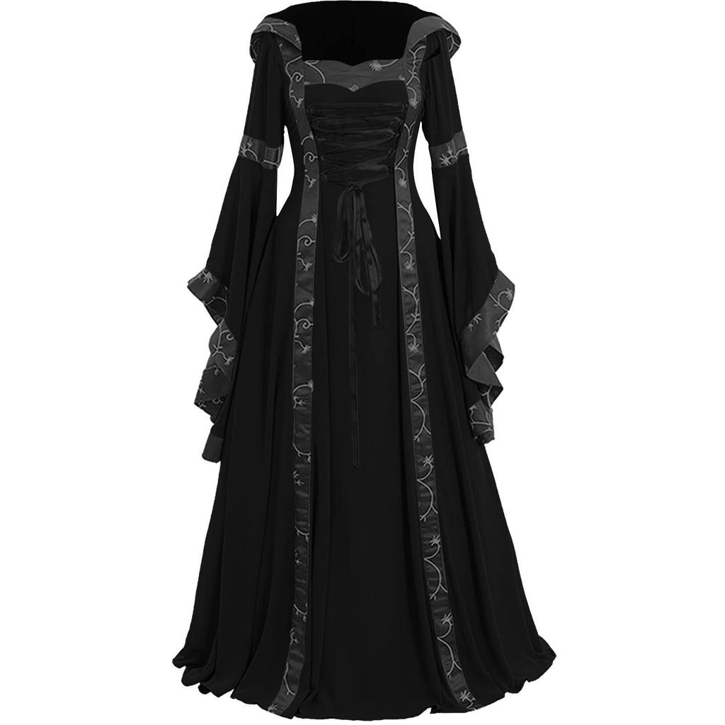 Women's Vintage Floor Length Gothic Cosplay Dress Women Fall Winter Gothic Retro Floral Print Ball Gowns Dress