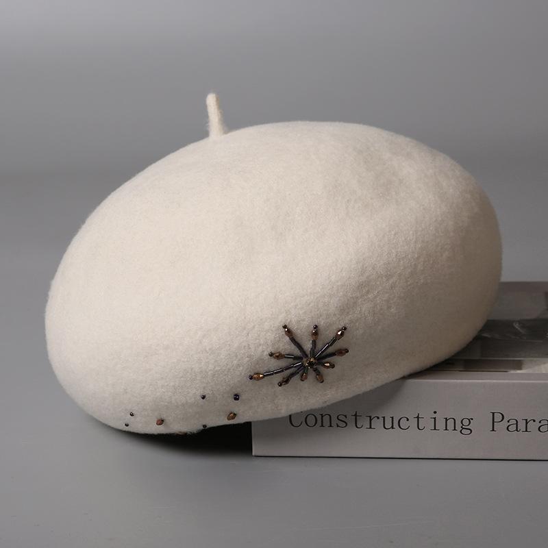 Hat Women's Hat Felt Hat Pure Wool Soft Beret Women's Autumn and Winter Fashion Show Face Small Black Bud Hat