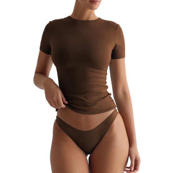 Женская базовая футболка, однотонные топы с коротким рукавом, облегающая эластичная футболка с круглым вырезом